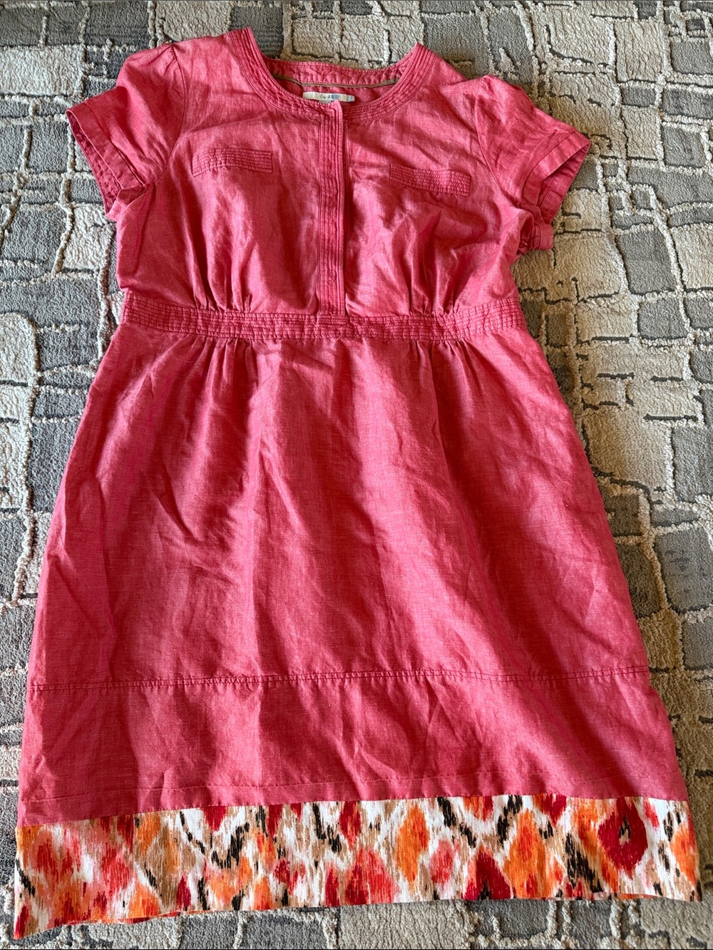 Boden Pink Short-Sleeve Cotton Dress with Colorful Patterned Hem